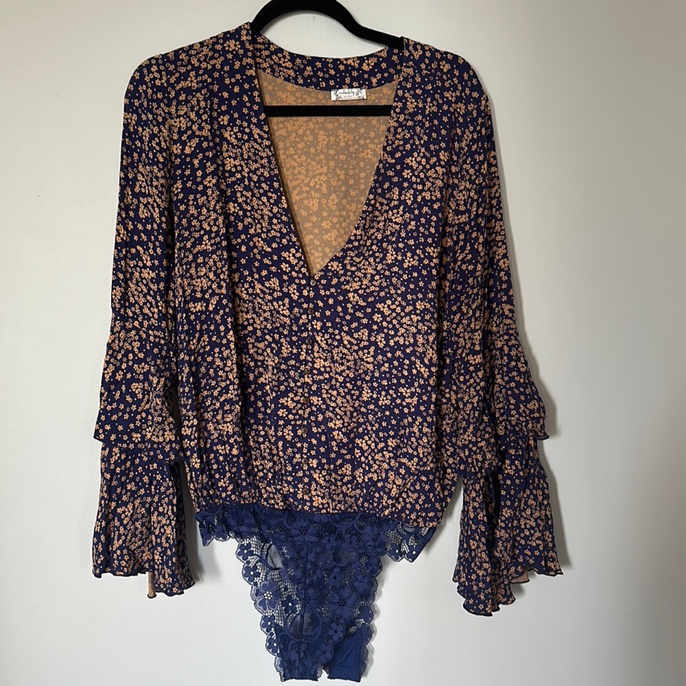 Free People Belle Sleeve Floral Blue Bodysuit Blouse Medium